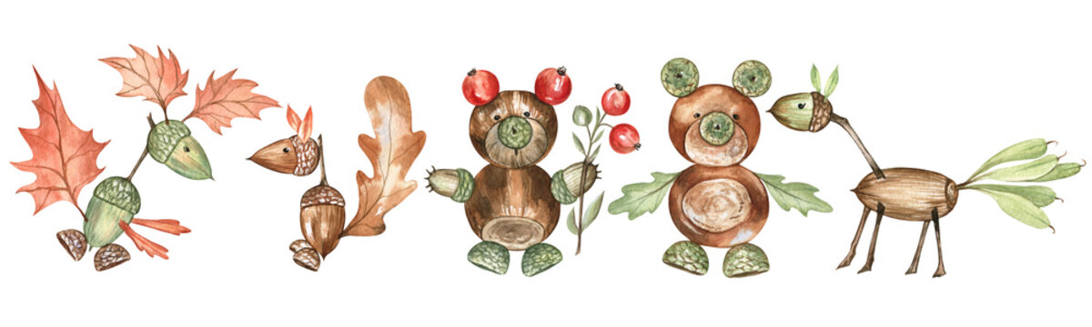 Watercolor illustration of cute animals created from acorns, chestnuts, leaves, and berries. Autumn hand-drawn clip art isolated on transparent. For scrapbooking, children's books illustrations