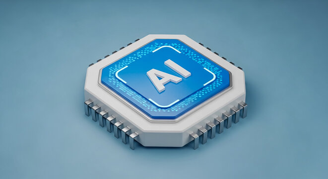 Advanced artificial intelligence microchip processor featuring a glowing blue surface with metallic pins and white casing presented in a high quality three dimensional render for modern digital comput