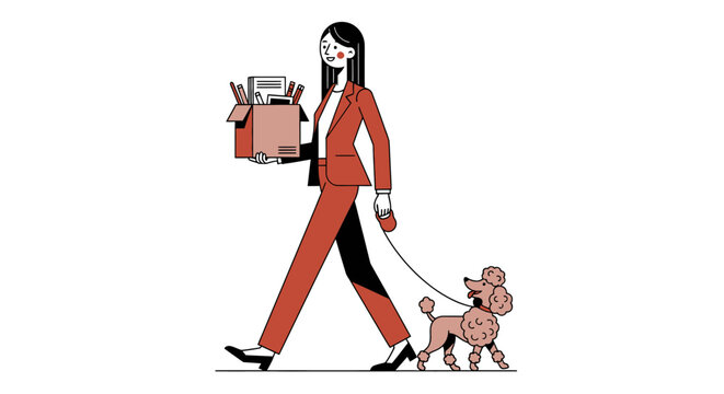 Woman walking her poodle while carrying shopping bags.