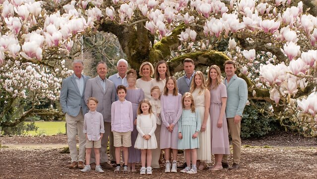 Multi-Generational Family Portrait Under a Blooming Magnolia Tree