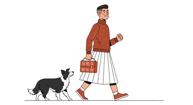 Woman walking her border collie dog outdoors.