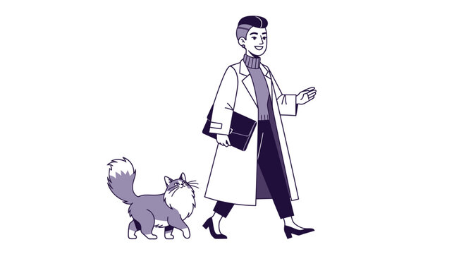 Woman in lab coat walking a fluffy cat on a leash.