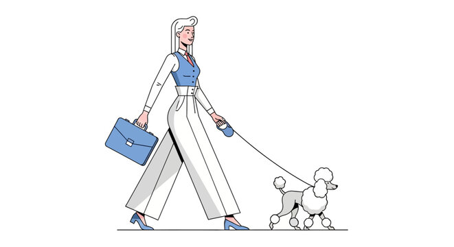 Fashionable woman walking a poodle with briefcase.