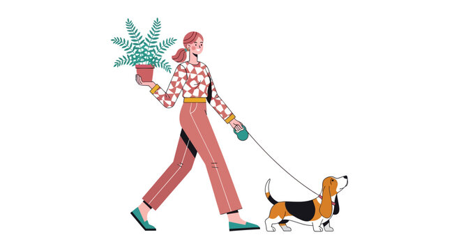 Woman walking her beagle dog on a leash outdoors.