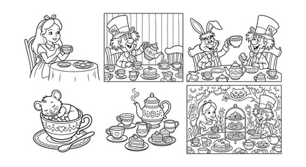 Obraz premium Alice In Wonderland Teatime Scenes Black Vector Illustrations On White