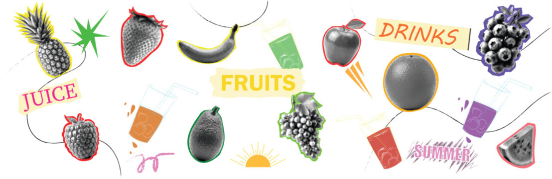 Colorful Halftone Fruit Juice Vector Collage Set with Summer Drinks, Pop Art Tropical Food Illustration