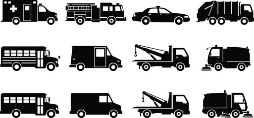 Emergency and Municipal Service Vehicle Silhouette Collection with Trucks and Buses © Millat