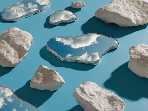 Irregular metallic mirror surfaces reflecting blue sky clouds arranged among natural stone rocks on blue background