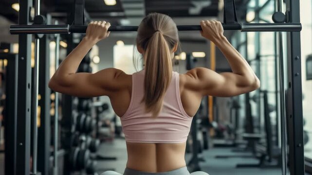 This image features a strong woman doing pull-ups, highlighting her dedication to strength training in a modern gym setting. The scene is focused on fitness and muscularity.