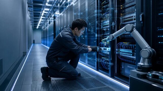 Robotic Assistance in Data Center: A technician collaborates with a robotic arm to service server racks in a modern data center, symbolizing the future of automated IT infrastructure.
