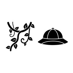 Jungle vine and safari hat icon set with adventure gear cork hat explorer gear © moriom  