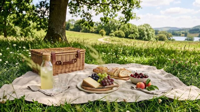 Slow tracking pan of picnic spread on blanket under oak tree with wicker basket and food on grassy countryside hillside by lake on sunny summer afternoon