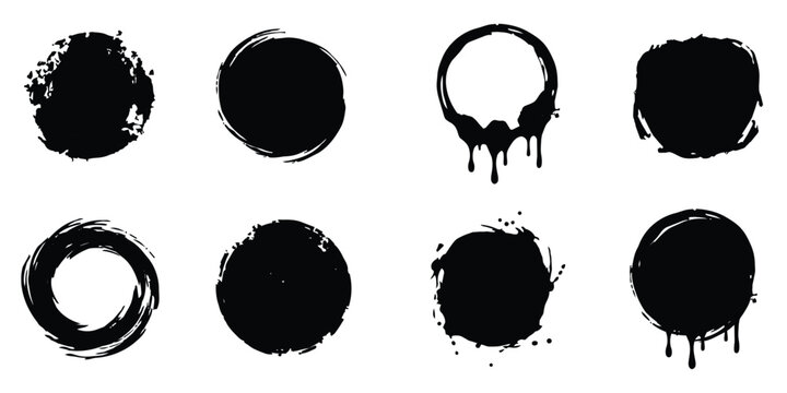 Brush paint splash set with ink circles, drips, and splatter   isolated.