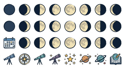 Illustration of moon phases and astronomical objects. © Ri