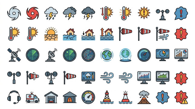 Collection of weather icons and symbols for forecasting and meteorology.