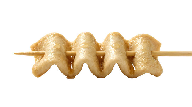 Traditional Korean fish cake eomuk on a wooden bamboo skewer isolated on a white  background