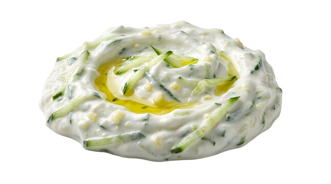 Gourmet Tzatziki sauce dollop with shredded cucumber and olive oil isolated on a white  background