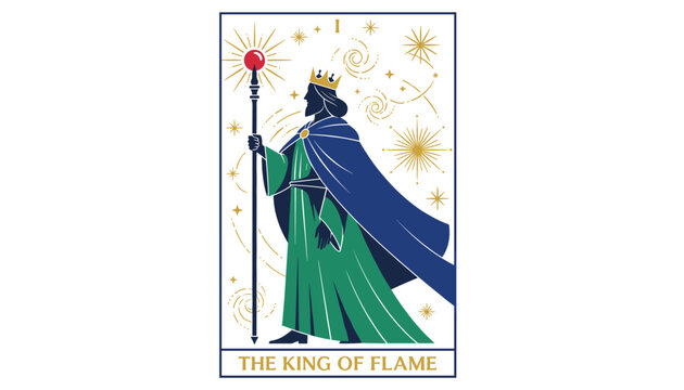 Majestic king silhouette holding a glowing red scepter stands tall on a tarot card named the king of flame.