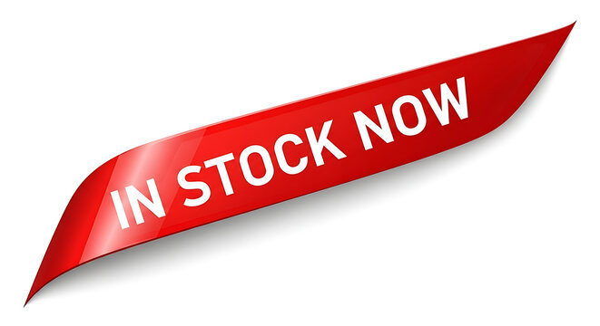In stock now red banner with white text