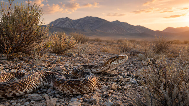 Rattlesnake crawling through desert terrain at sunset