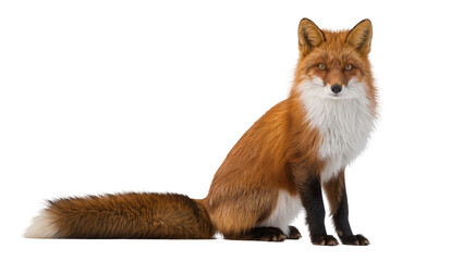 Fototapeta premium Red fox sitting with bushy tail and white chest
