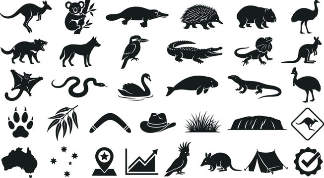 Australian Wildlife and Fauna Silhouette Large Icon Set, Outback Tourism Travel and Nature Culture Vector Symbols, Zoology Grid Bundle