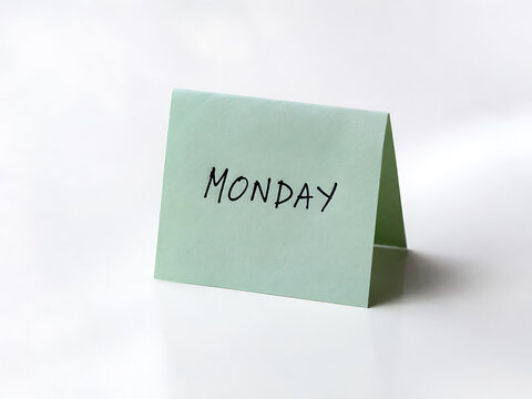 Pale green folded sticky note with the word monday written in black marker on a white background day of week work day schedule calendar beginning reminder handwritten