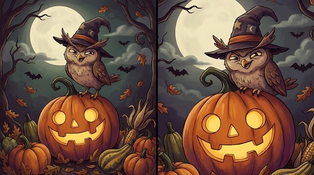 Cute owl in witch hat sitting on a glowing Halloween pumpkin illustration
