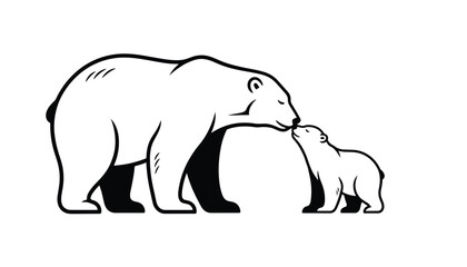 Fototapeta premium Loving mother polar bear and her small cub stand nose to nose in a minimalist black and white silhouette.
