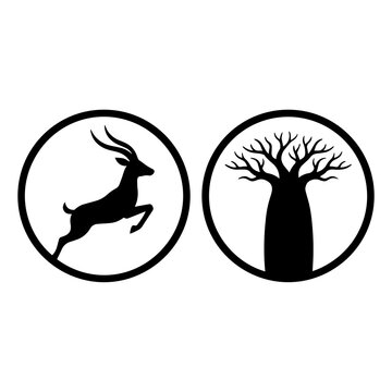 Silhouette icons of an impala jumping and a baobab tree inside circles
