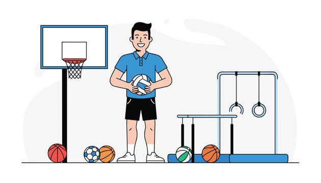 Friendly physical education teacher in a blue polo shirt holds a ball next to various gymnasium equipment.