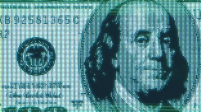 Glitch Dollar Apocalypse. Digital 100 Dollars Bill. Macro Footage of Corrupted Currency, Illuminati Pyramid. Conspiracy Theories, Dark Finance, All Seeing Eye, Finance Control, Cyber Money CBDC intro