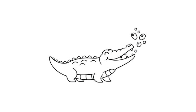 Cute cartoon alligator blowing bubbles coloring page showing a friendly crocodile isolated on white background.