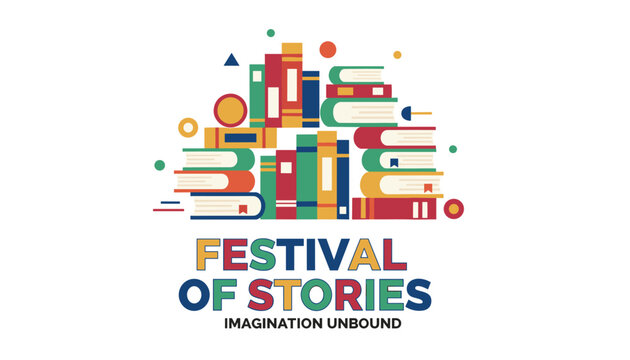 Book festival poster design with massive stack of colorful books and text festival of stories imagination unbound.