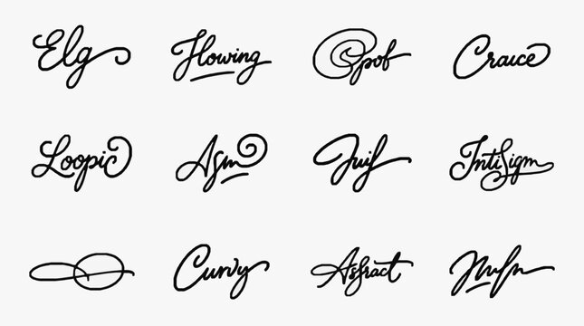 Collection of elegant handwritten script words and symbols.