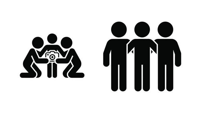 Photographer kneeling and taking pictures of three people standing together, group portrait photography vector illustration.
