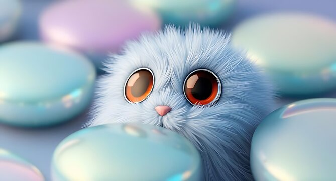 Cute fluffy blue kitten with big sparkling eyes and tiny pink nose surrounded by pastel blue eggs, adorable, whimsical, fantasy animal, soft fur, charming face, digital art, kawaii character, colorful