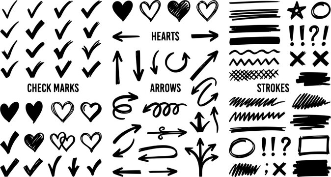 Hand drawn marker strokes. black marker stroke lines, markers stripes and highlight elements, permanent marker signs vector illustration set as check marks, heart, arrow with various direction