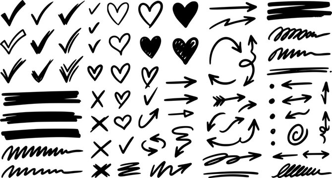 Hand drawn marker strokes. black marker stroke lines, markers stripes and highlight elements, permanent marker signs vector illustration set as check marks, heart, arrow with various direction