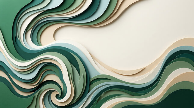 Three dimensional paper cut style background, with layered wavy, curves in shades, of green, beige, and white, creating, a flowing effect