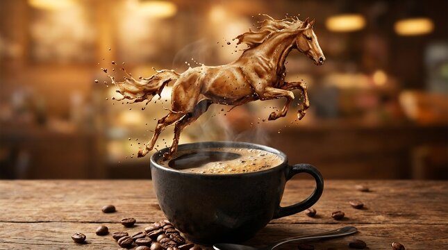 Illustrator ai coffee horse jumping out of a cup on a wooden table in a cafe ai illustrator