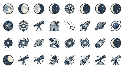 Collection of Celestial Icons and Space Exploration Symbols. © Rimuru