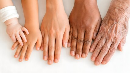 Close-up of four diverse hands representing different generations and skin tones, from baby to elderly, symbolizing family, connection, and the passage of time.