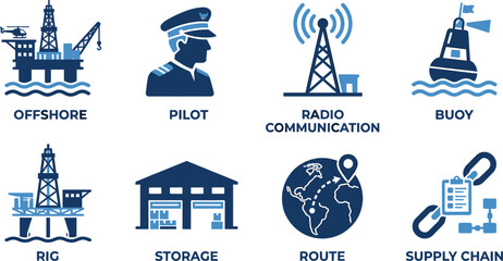 Maritime industry and logistics icon set featuring offshore oil rig pilot radio buoy storage and route map. © Emongrapic