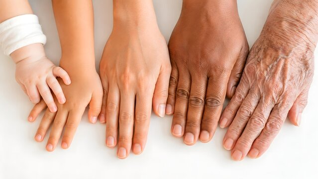 Close-up of four diverse hands representing different generations and skin tones, from baby to elderly, symbolizing family, connection, and the passage of time.