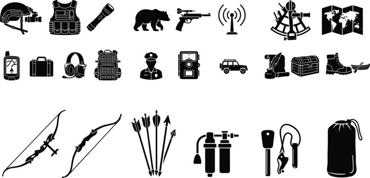 Tactical gear hunting equipment and outdoor adventure survival icon set isolated on white background black solid vector silhouette