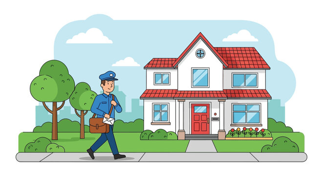 Vector illustration of a house with a postman delivering mail featuring a flat silhouette home dwelling residence building architecture mailman
