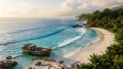 Obraz premium Shipwreck on a tropical beach at sunset
