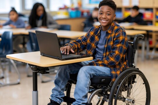 Young student in wheelchair using laptop in classroom