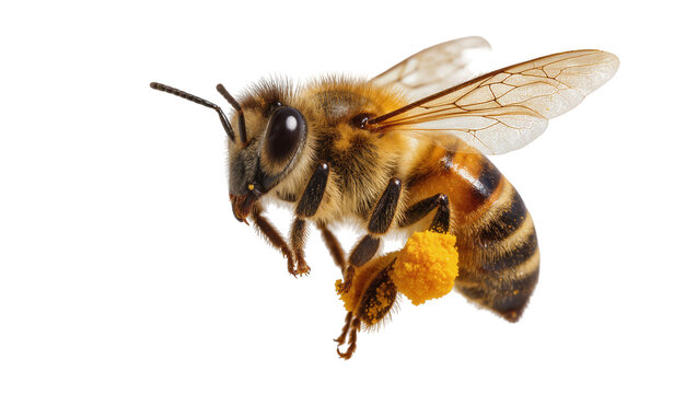 Honey bee with pollen baskets on legs flying